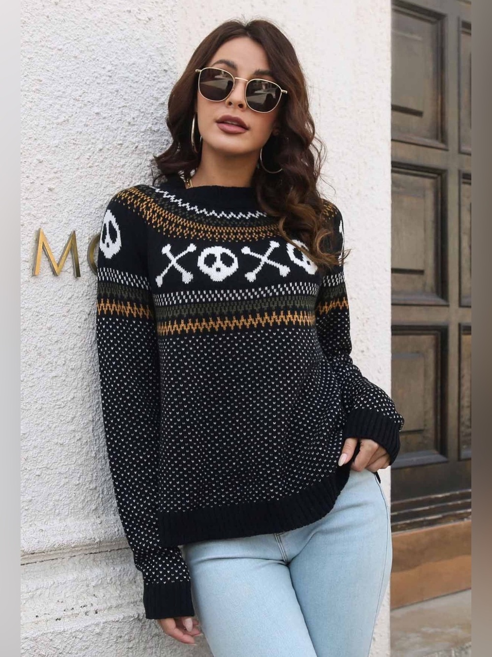 XOXO Skull & Crossbones Soft Black Patterned Knit Sweater, Halloween Goth Fall S